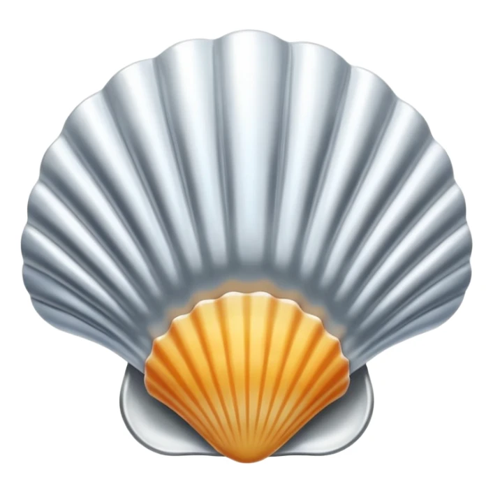 A seashell emoji made of polished silver chrome, smooth curved surface, reflective metallic highlights, elegant minimal design, iOS emoji style, centered, clean white background, soft lighting sticker