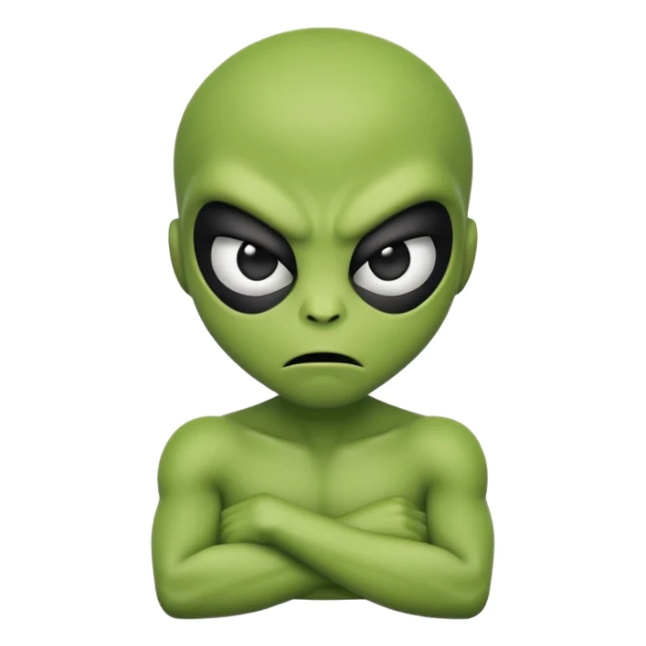An emoji-style alien face with an angry expression, green skin, large black eyes, furrowed eyebrows, and a slanted side turned mouth, arms folded across chest showing contempt sticker