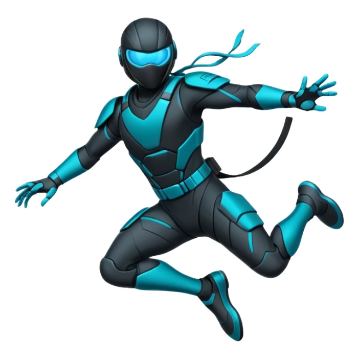 ​"Flat vector sticker, agile cyber-ninja character in a dynamic leap, teal and black tech-suit, glowing accents, die-cut white outline, isolated on white." sticker