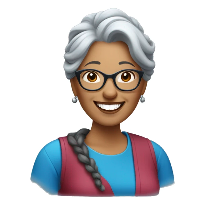 A laughing gray-haired woman with a long braid over one shoulder in a blue scoop-necked shirt with blue glasses perched on her head. Her lipstick is red sticker