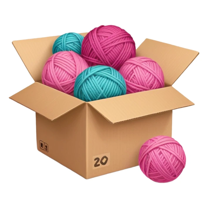cardboard box with toys, ball of yarn, pink sticker