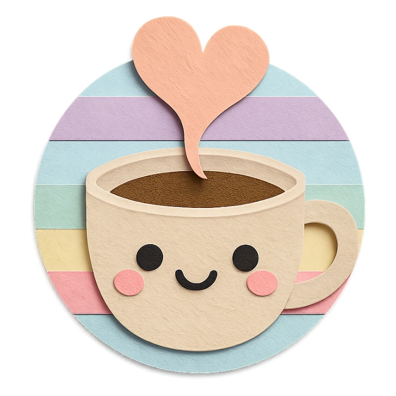 coffee cup with heart-shaped steam, kawaii style, pastel striped background sticker