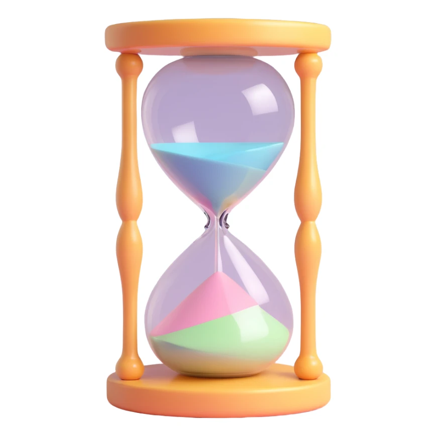 cute 3D hourglass with soft shadows and highlights, rounded shapes, pastel colors, friendly and charming look sticker