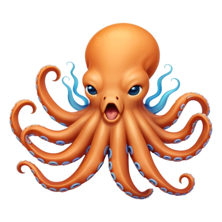 Cinematic Cute Yawning Octopus Portrait Emoji, Head tilted slightly with a dramatic, wide-open yawn, showcasing a plump, light orange body decorated with delicate blue rings and loosely draped arms with sleepy, half-closed eyes, Simplified yet irresistibly adorable features, highly detailed, glowing with a soft, cozy underwater glow, high shine, relaxed yet expressive, stylized with a hint of whimsical aquatic charm, soft glowing outline, capturing the essence of a drowsy yet affectionate octopus that appears ready to stretch and yawn its way out of the screen! sticker