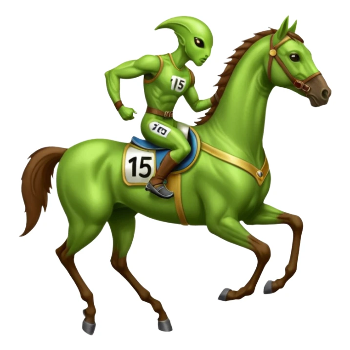 alien riding horse wearing racing cloth with number 15 sticker