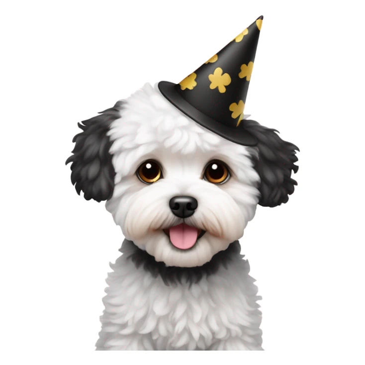 White and black Maltipoo wearing birthday hat sticker