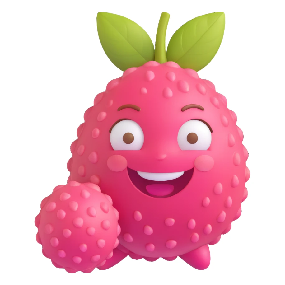 3D lychee fruit character with smiling cartoon face, shiny eyes, pink cheeks, big mouth, bright pink-red bumpy skin, glossy plastic look, small brown stem, toy-like, Pixar-style, colorful and fun sticker