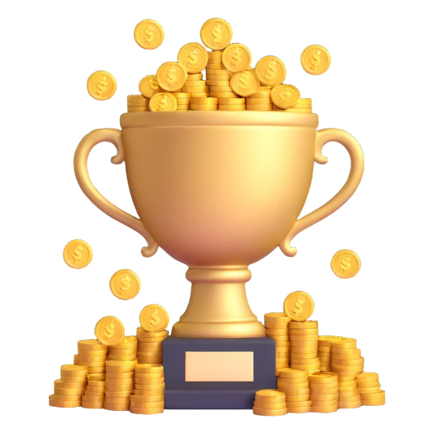 highly-detailed, realistic 3D icon of a large trophy filled with gold coins and dollar bills, brightly lit, transparent background sticker