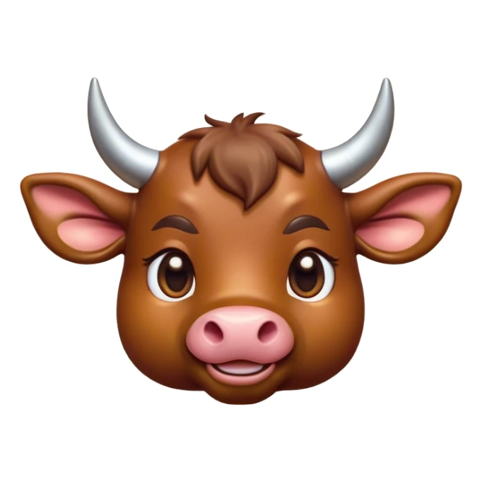 Cinematic Cute Brown Bull Portrait Emoji, Head tilted playfully and inquisitively, featuring a glossy, robust brown hide with a natural sheen, round, sparkling dark eyes filled with gentle curiosity, Simplified yet irresistibly adorable features, highly detailed, glowing with a warm, friendly glow, high shine, affectionate and imposing, stylized with a touch of rugged charm, bright and endearing, soft glowing outline, capturing the essence of a mischievous yet loving bull, so playful it feels like it could stomp out of the screen and into your arms! sticker