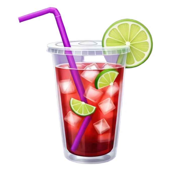maroon purple cocktail with a lime wedge in the drink in a plastic cup with lid and straw  sticker