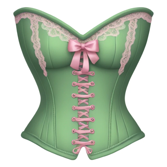 Sage green corset with pink lace and bows, isolated sticker