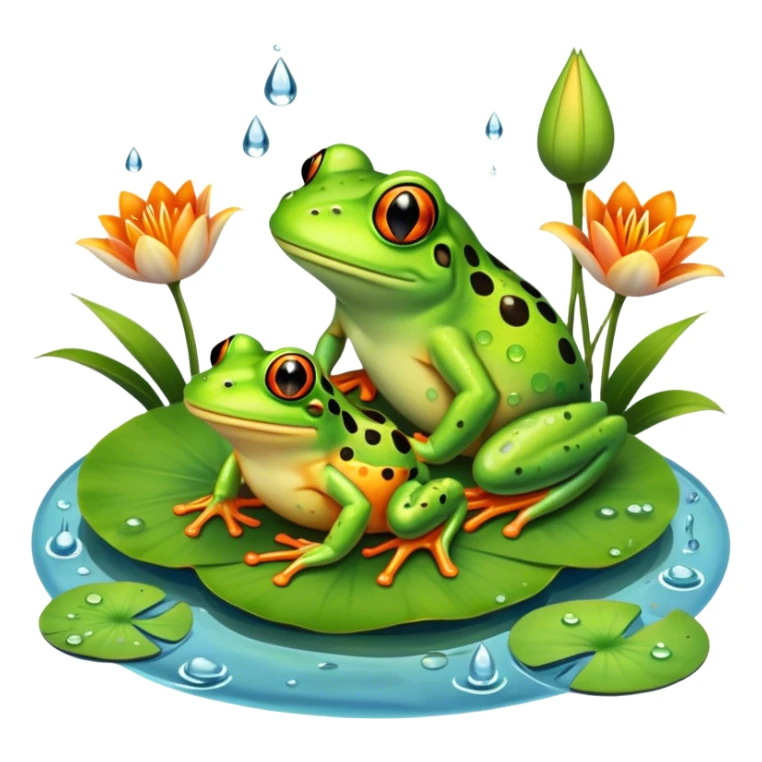 Icon for Amphibians: A colorful collage with various amphibians like a bright green frog sitting on a lily pad, a small salamander with orange spots, and a toad with bumpy skin. Water droplets around them and a pond in the background. Transparent background. sticker