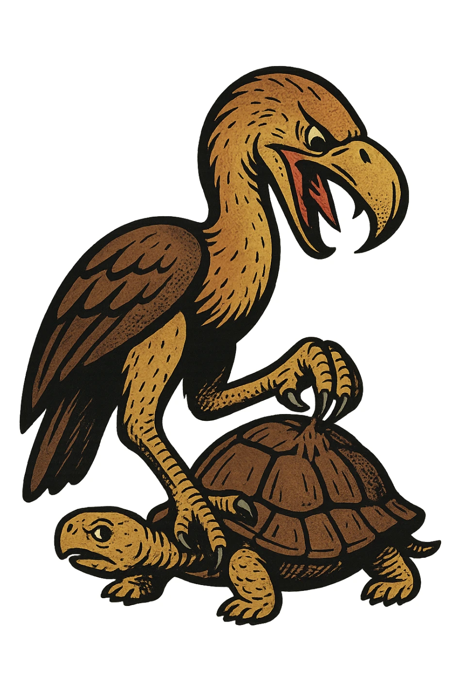 an insignia for a flag: a strange foreign alien bird creature, resembling a prehistoric phorusrhacos, gripping a upturned tortoise with a claw with its' beak tearing down into it
 sticker