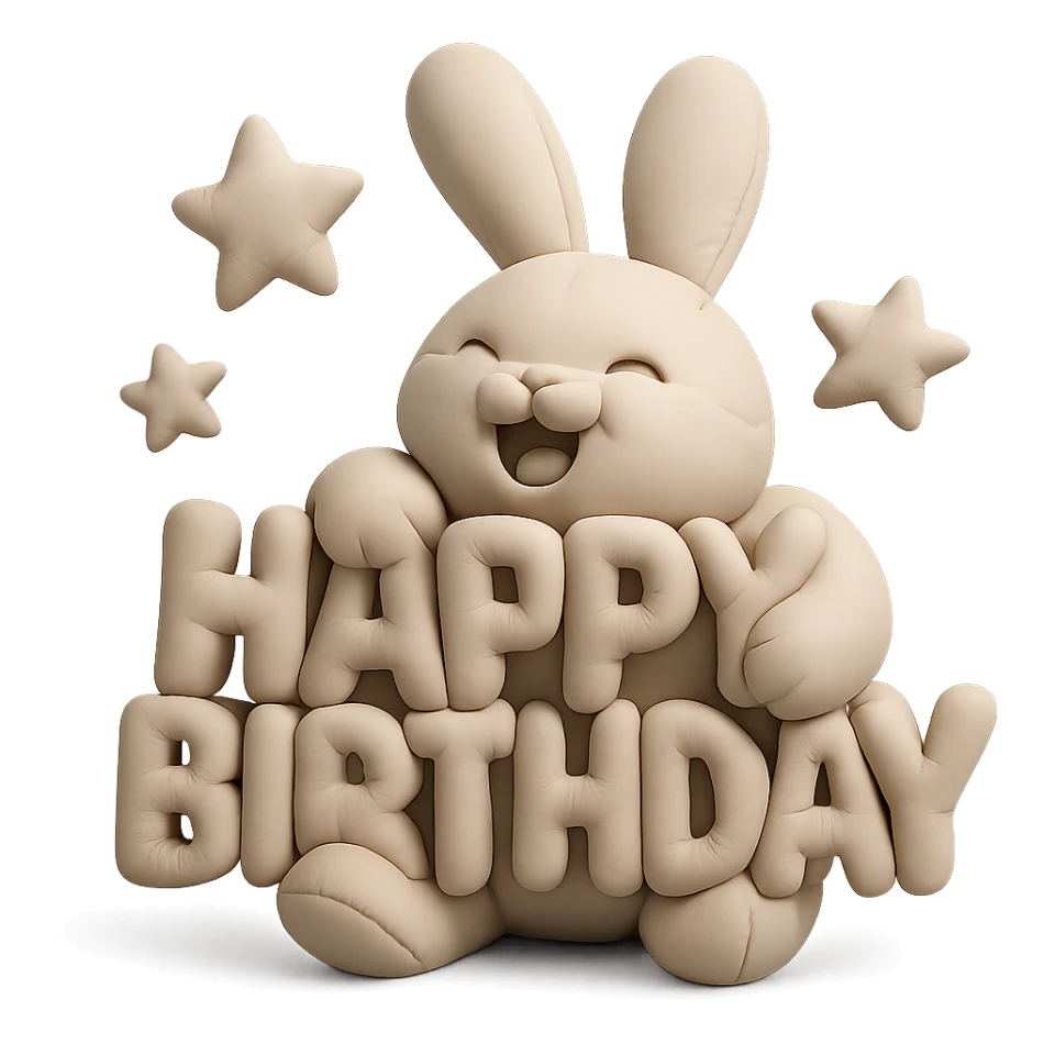 laughing bunny hugging "Happy Birthday" letters with stars, cushion style, transparent background sticker