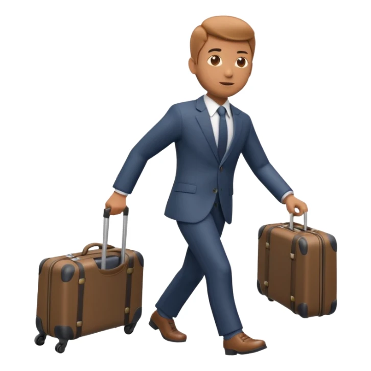 A 3D cartoon man in formal clothes pulling a suitcase behind him, slight motion blur, Memoji-style. sticker