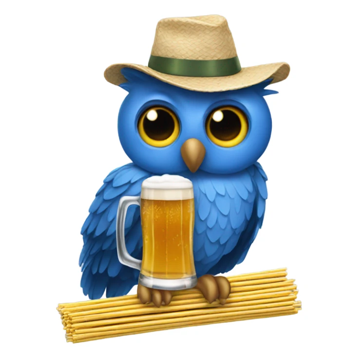 Blue owl wearing a hat that has straws you can put beer in and drink sticker