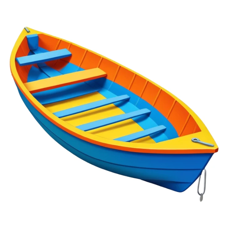 Brightly painted Cardboard dinghy boat with straight sides, very basic design pointed on one end, flat blunt square rear  sticker