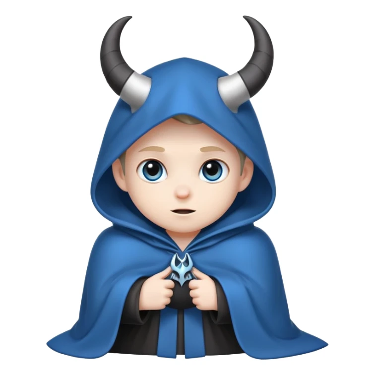 character with blue cloak, black body, white eyes, cute little horns peeking out from under the hood sticker