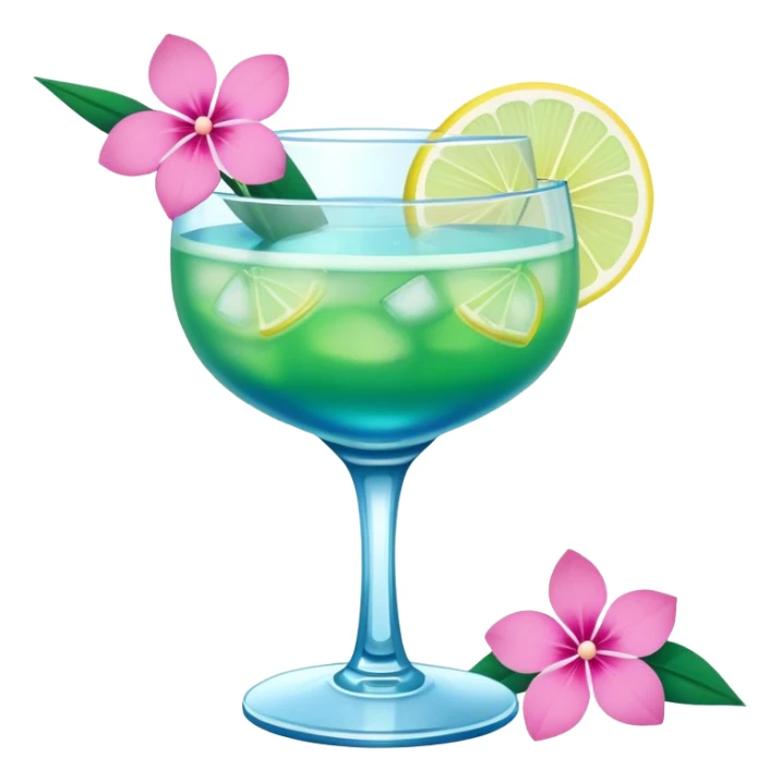Blue/green cocktail with pink flowers and lemon sticker