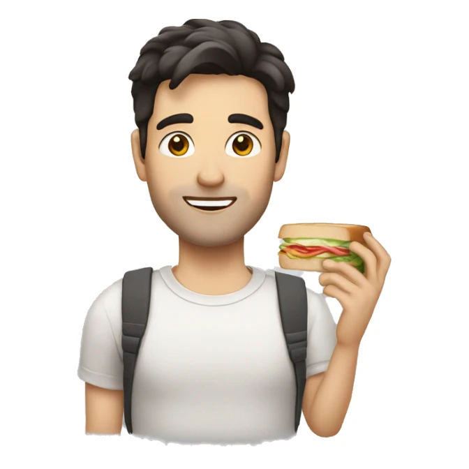 A white man with dark hair holding a long small sandwich sticker