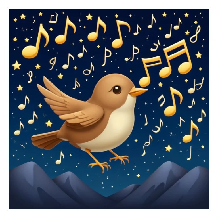 a nightingale bird singing with musical notes visible, flying against a dark starry night sky sticker