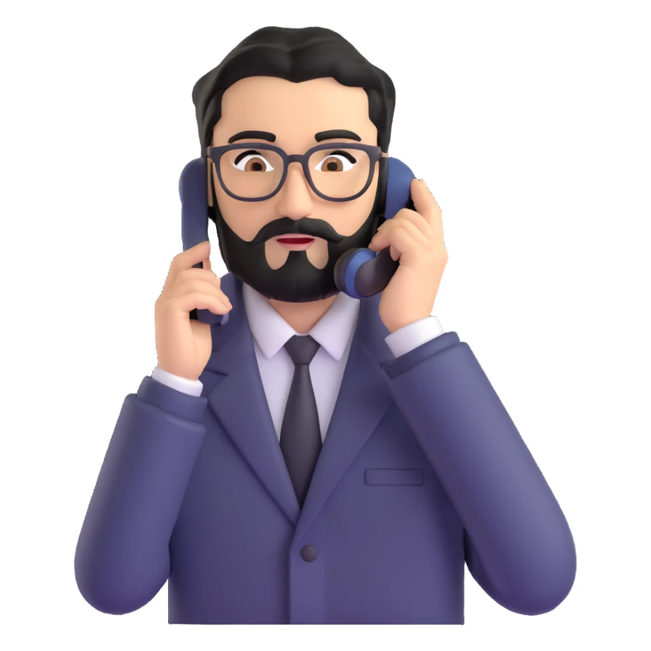businessman with medium black beard, black hair styled to one side, connected unibrow, olive skin, brown eyes, glasses, prominent nose, in formal black jacket, in the process of dialing or answering phone call, with subtle modern office environment sticker