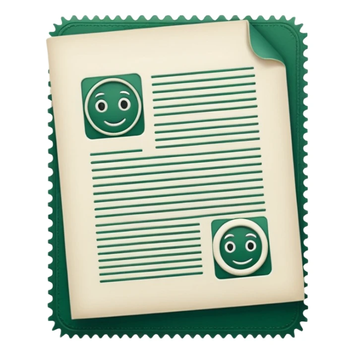 white document sheet with dark green stamp and small details, modern style, emoji style sticker