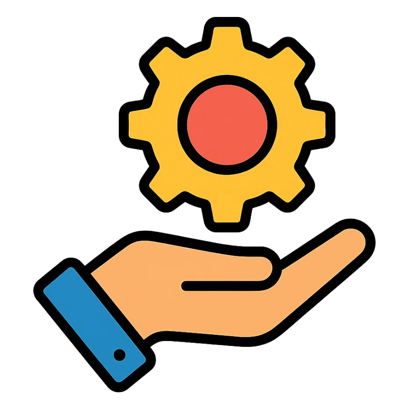 hand holding a cog icon with color and black outlines sticker