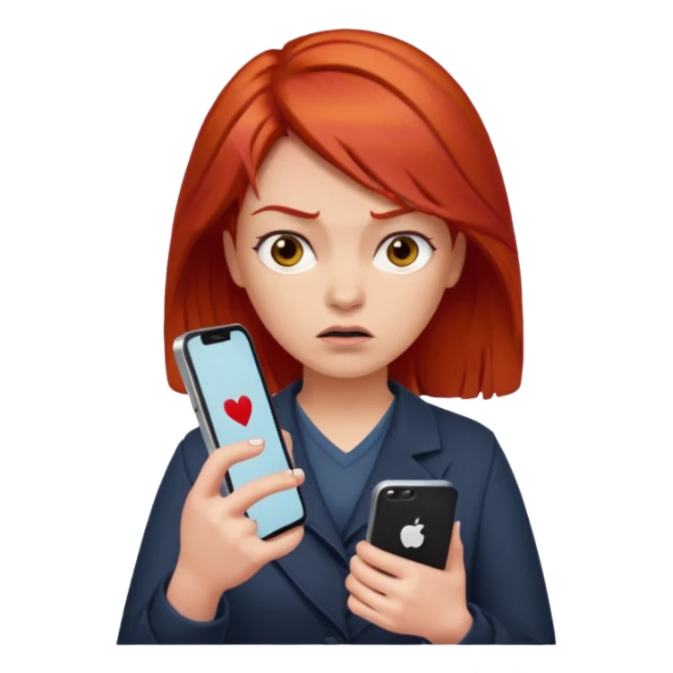 woman with red hair, annoyed expression, phone in hand sticker