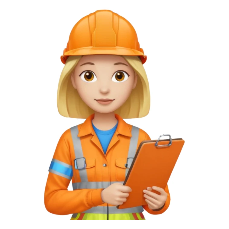 woman in orange hi vis overalls holding a clipboard sticker