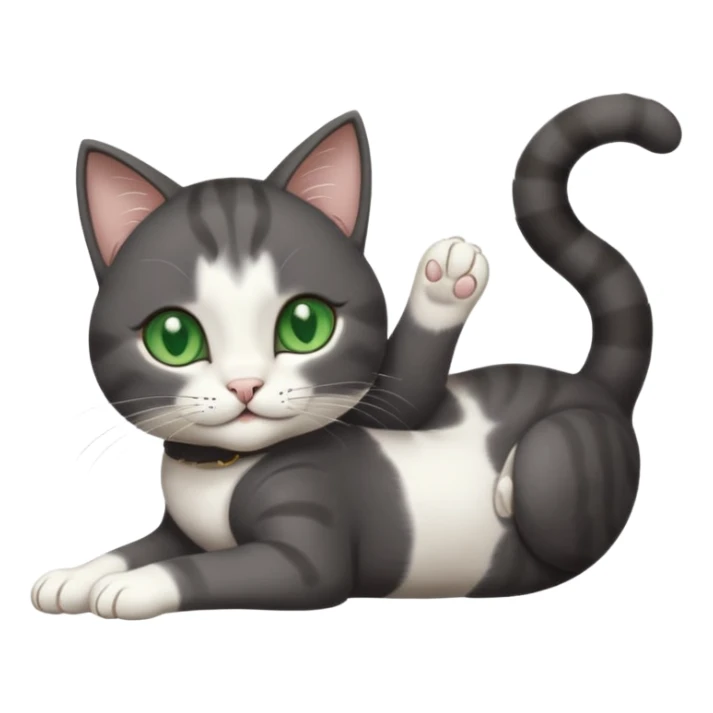 beautiful female solid dark grey cat with green eyes, white toes/paws and white patch on her chest playfully rolling upside down sticker
