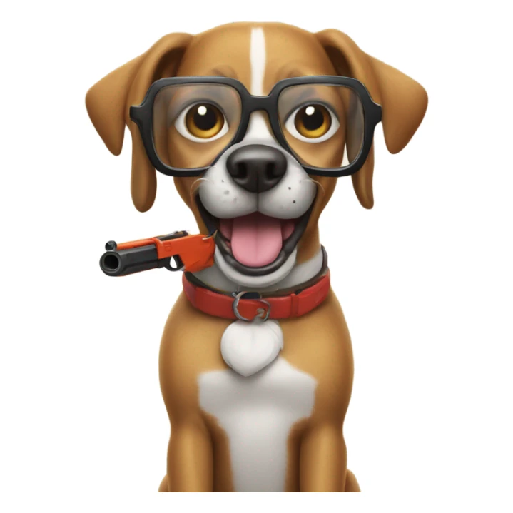 Dog wearing goofy glasses with a toy gun sticker