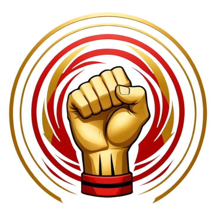 An emblem-style design symbolizing striking martial arts. The emblem features a powerful fist, representing strength and precision, surrounded by dynamic lines and motion, evoking speed and impact. Bold colors and sharp edges give the emblem an intense and energetic look sticker