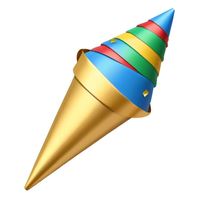 A small cone-shaped party popper tilted to the side, usually gold or yellow with diagonal stripes. It bursts open at the top, releasing colorful confetti and streamers in blue, red, yellow, or green. Represents celebrations, parties, excitement, or congratulations. sticker