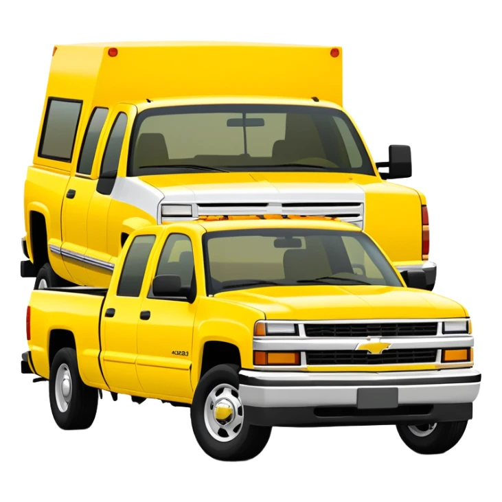 Simplified bright yellow 1997 Chevrolet C-2500 Crew Cab Silverado from Kill Bill, 30-degree angle, four-door pickup truck, minimal details, vibrant yellow color, iOS emoji style sticker