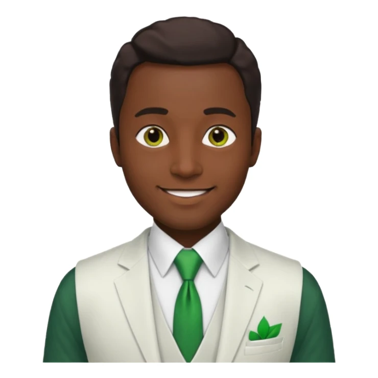 businessman, black skin, brown eyes, white suit vest, green tie sticker