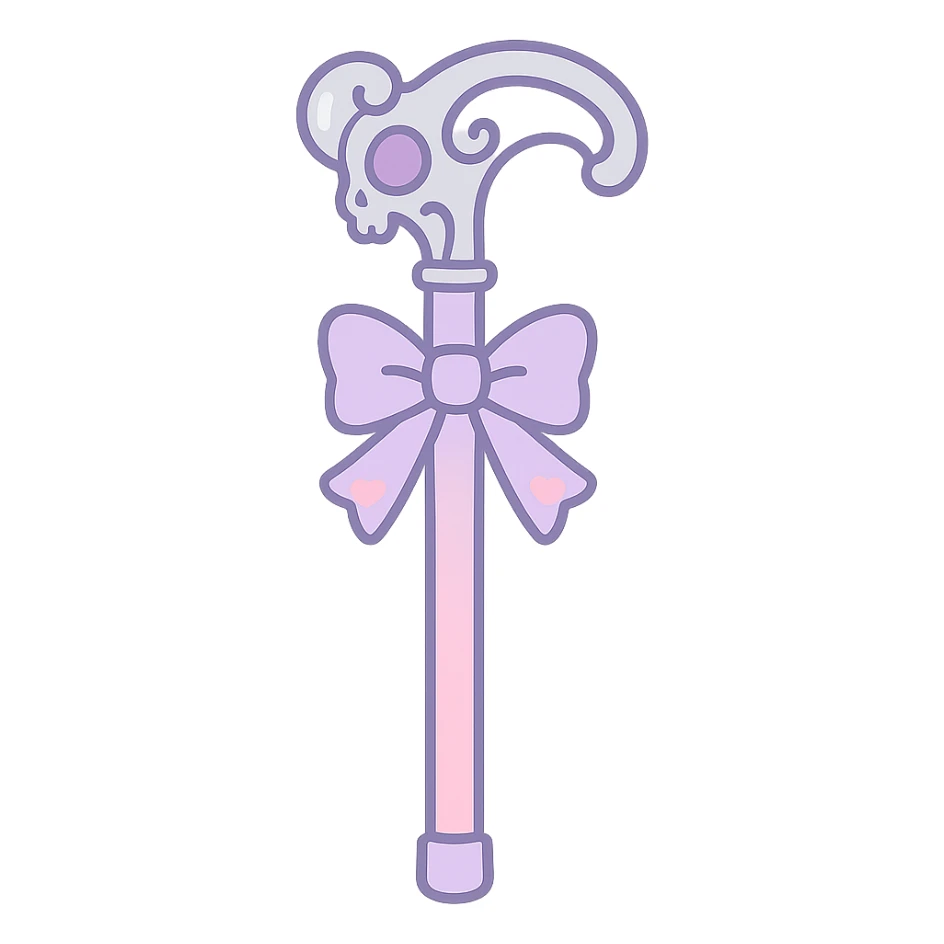 ornate cane in pastel goth style, pastel pink and lavender colors, silver handle, cute and dark aesthetic sticker