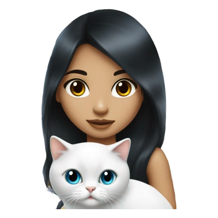 long black hair latin girl with white persian blue eye cat. sticker