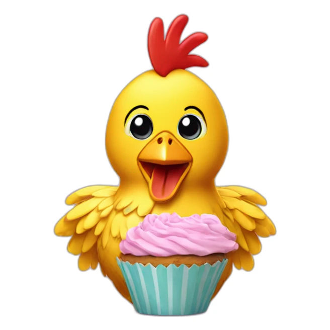 Chica is a yellow animatronic chicken with a bib and a cupcake sticker