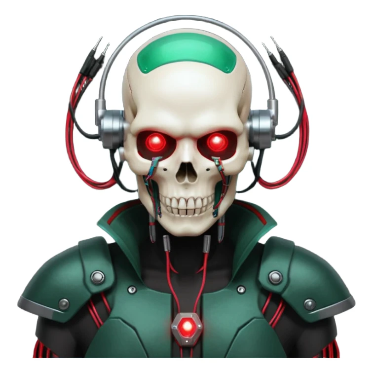 Cyberpunk shield, skull with cybernetic implants, glowing wires, dark green and red tones, no background sticker