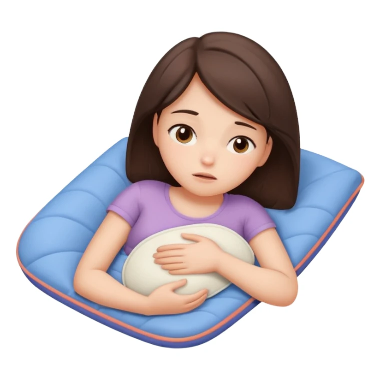  a brunette girl lying down on her side, holding a warm heating pad against her lower belly. She's uncomfortable and sad, her posture should show she’s having bellyache. Use simple lines, rounded shapes, soft colors, and a clean emoji aesthetic. Make it expressive but still adorable sticker