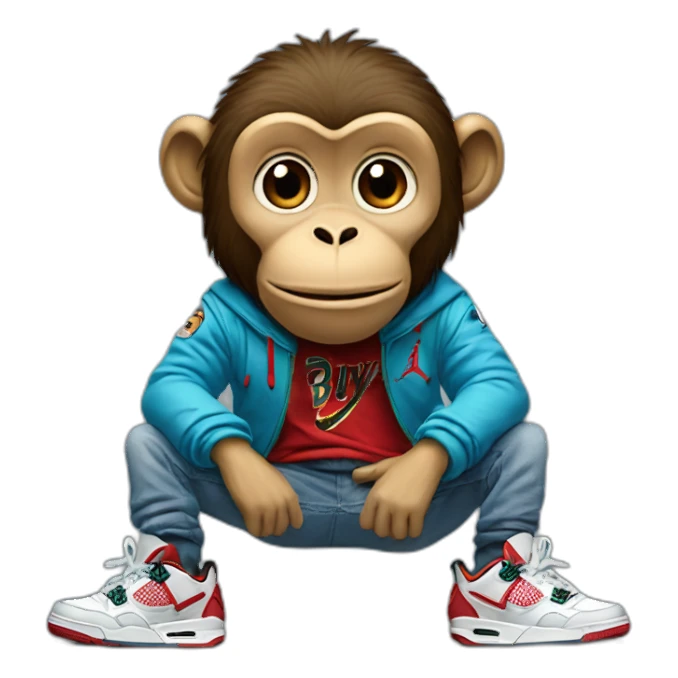 Monkey wearing Jordan 4 on its  feet with a bunch of Nike clothes sticker
