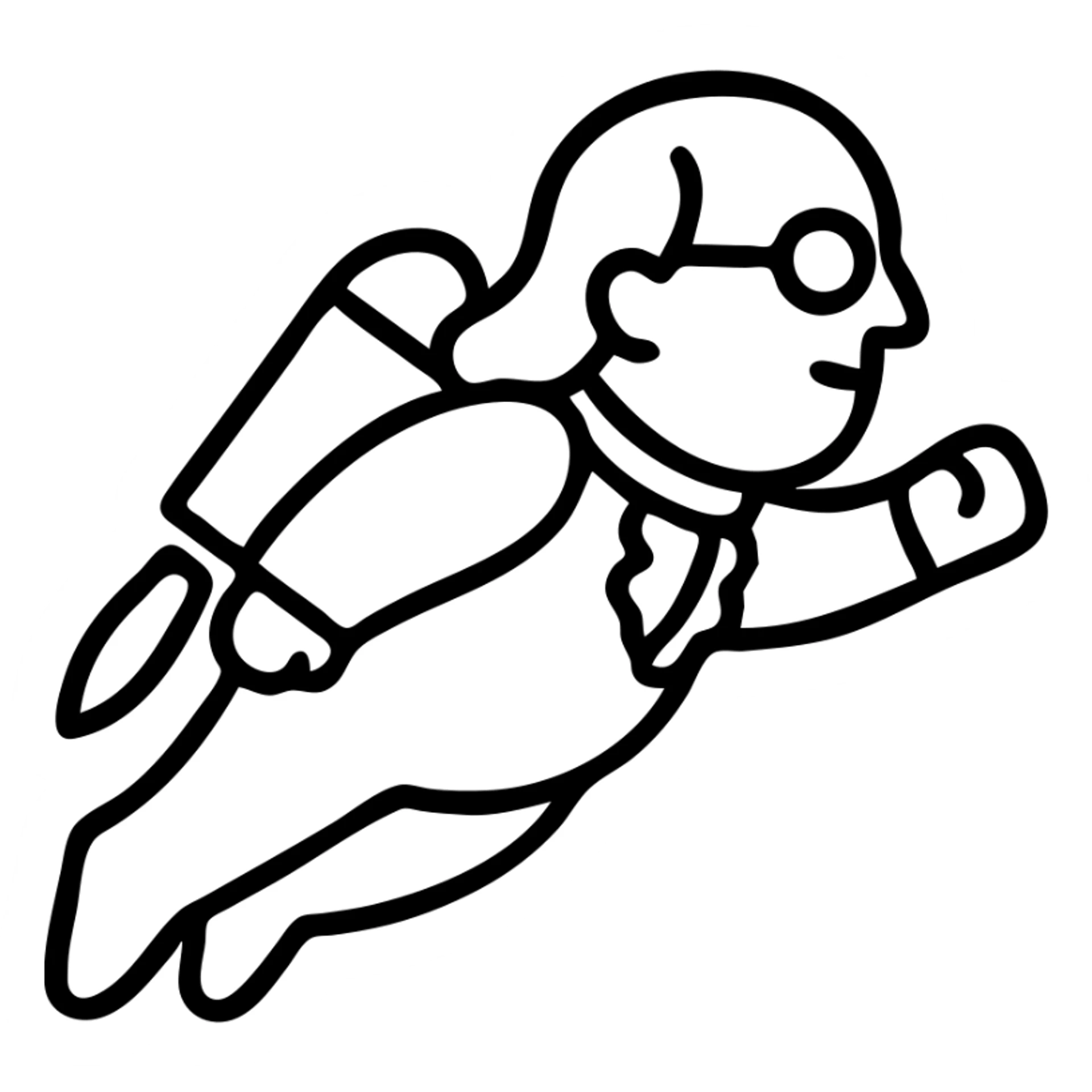 Minimalist black outline icon of Ben Franklin flying with a jetpack, startup logo style sticker