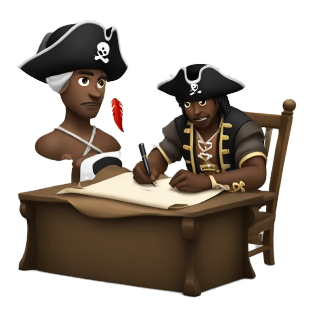Black man with a pirate hat and a pirate outfit sitting down and writing on a scroll with a feather p sticker