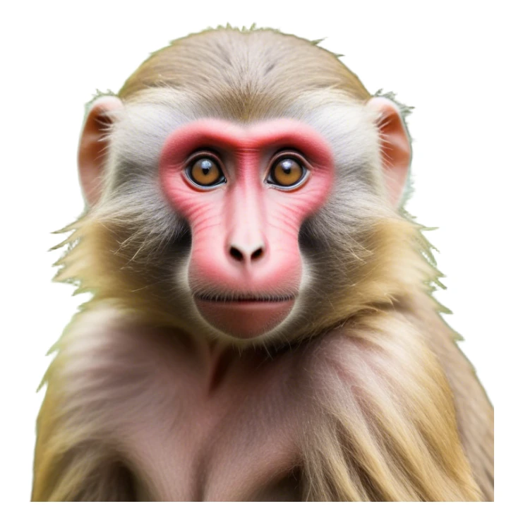 Cinematic Realistic Cute Baboon Portrait Emoji, Head tilted playfully and inquisitively, featuring a compact, sturdy build with a distinctly textured, expressive face characterized by bright, curious eyes and a subtly softened snout, rendered with realistic earthy detail and natural highlights, high shine, affectionate and spirited, styled with a touch of jungle whimsy, soft glowing outline, capturing the essence of a mischievous yet endearing baboon that appears ready to leap playfully out of the screen! sticker