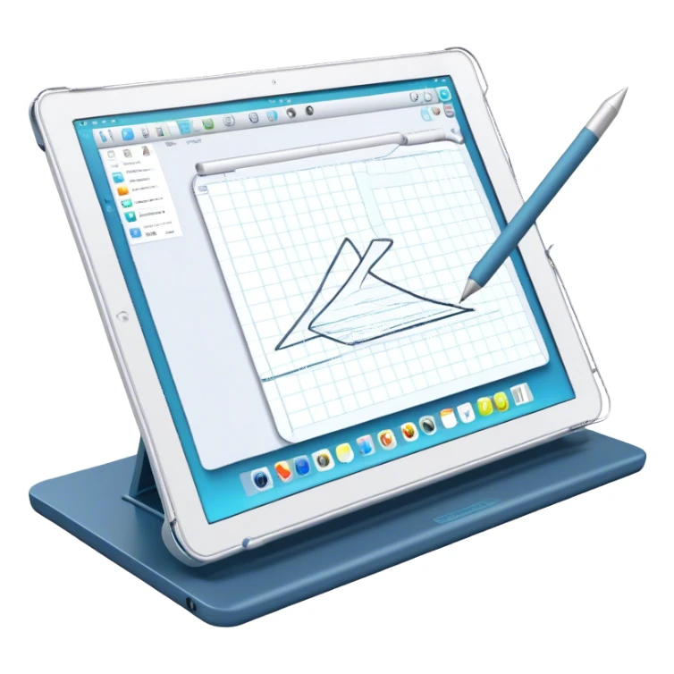 Create an emoji for 3D visualization and modeling. Show a large graphic tablet with a stylus drawing in a 3D modeling program. The 3D model on the screen should appear to protrude out of the screen. Use modern, professional colors. Make the background transparent. sticker