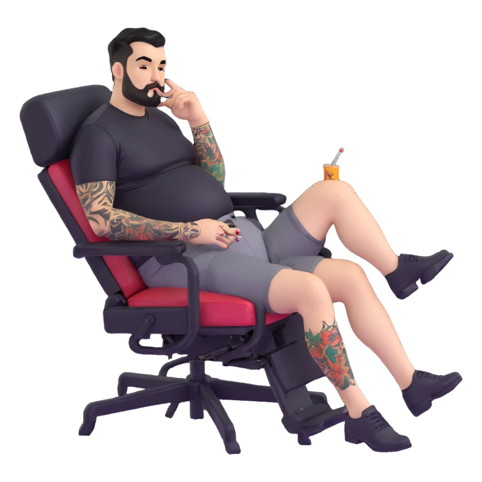 Large man reclining in chair, legs spread showing tattooed left calf, smoking a cigarette, round face, very short black hair, well-groomed beard with small mustache, light skin, black t-shirt with light stripes at top riding up to show belly, black shorts, arms and left calf covered in matching black graphic tattoo patterns sticker