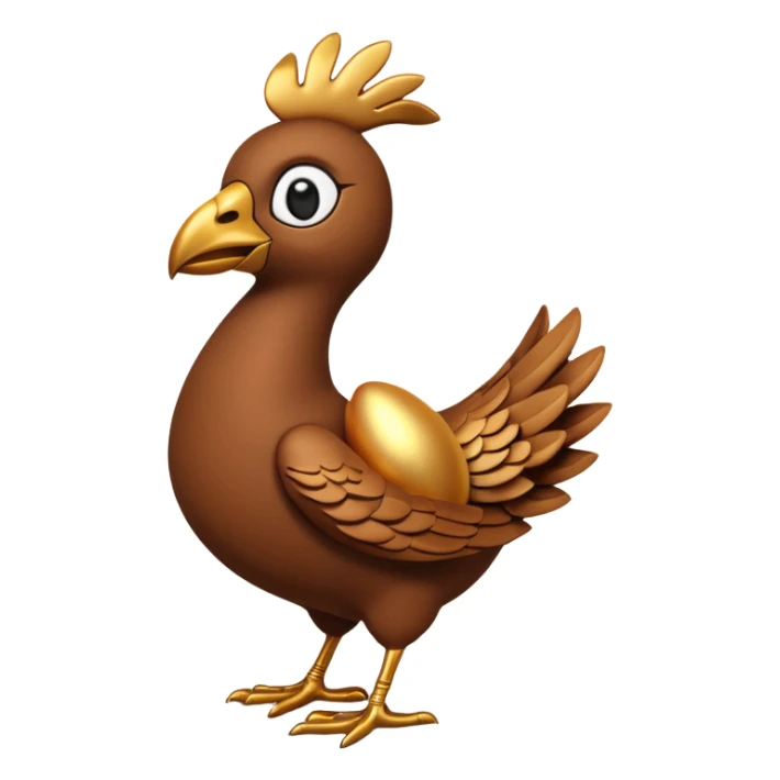 A 3D cartoon Sankofa bird with its head gracefully turned backward holding a golden egg in its beak, symbolizing learning from the past, single bird in frame, gold and brown tones, clean black background, Memoji-style rendering sticker