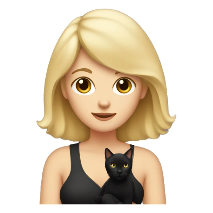 Blonde mom with bangs holding black cat with white chest sticker
