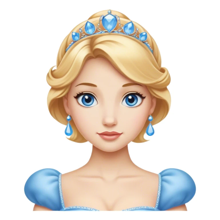 Cinematic Realistic Comical Cinderella Portrait, with every detail rendered realistically—from the soft, smooth texture of her fair skin to her artfully styled golden-blonde hair. Her bright blue eyes are wide with playful disbelief, and her expression carries a touch of whimsical humor while retaining elegant poise. Her classic ball gown, detailed with rich fabric textures and natural shadows, catches the light in a way that blends refined beauty with a hint of cheeky mischief, creating a striking, lifelike portrayal. sticker